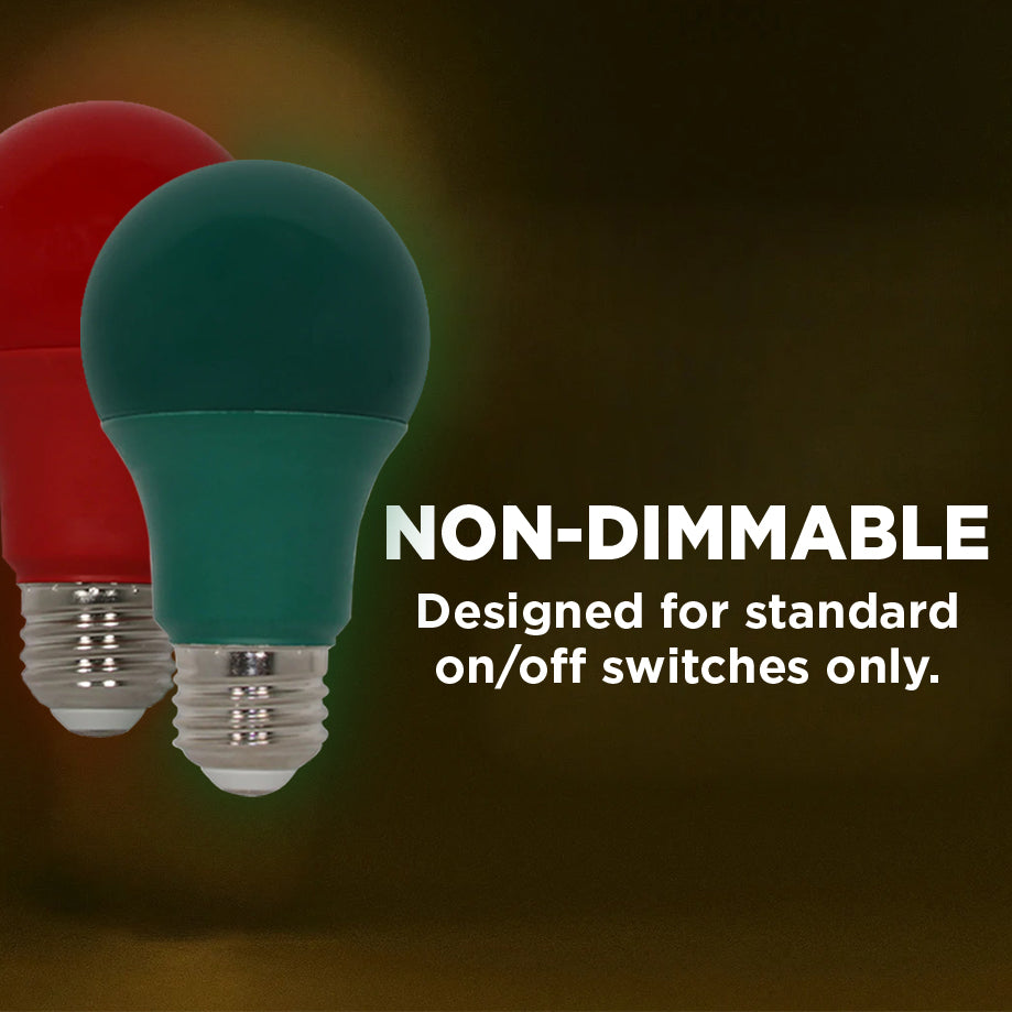 60 Watt EQUAL - 9 WATT A19 LED - E26 MEDIUM BASE - Open & Enclosed Rated - Xmas 2 Pack - (1) GREEN  (1) RED