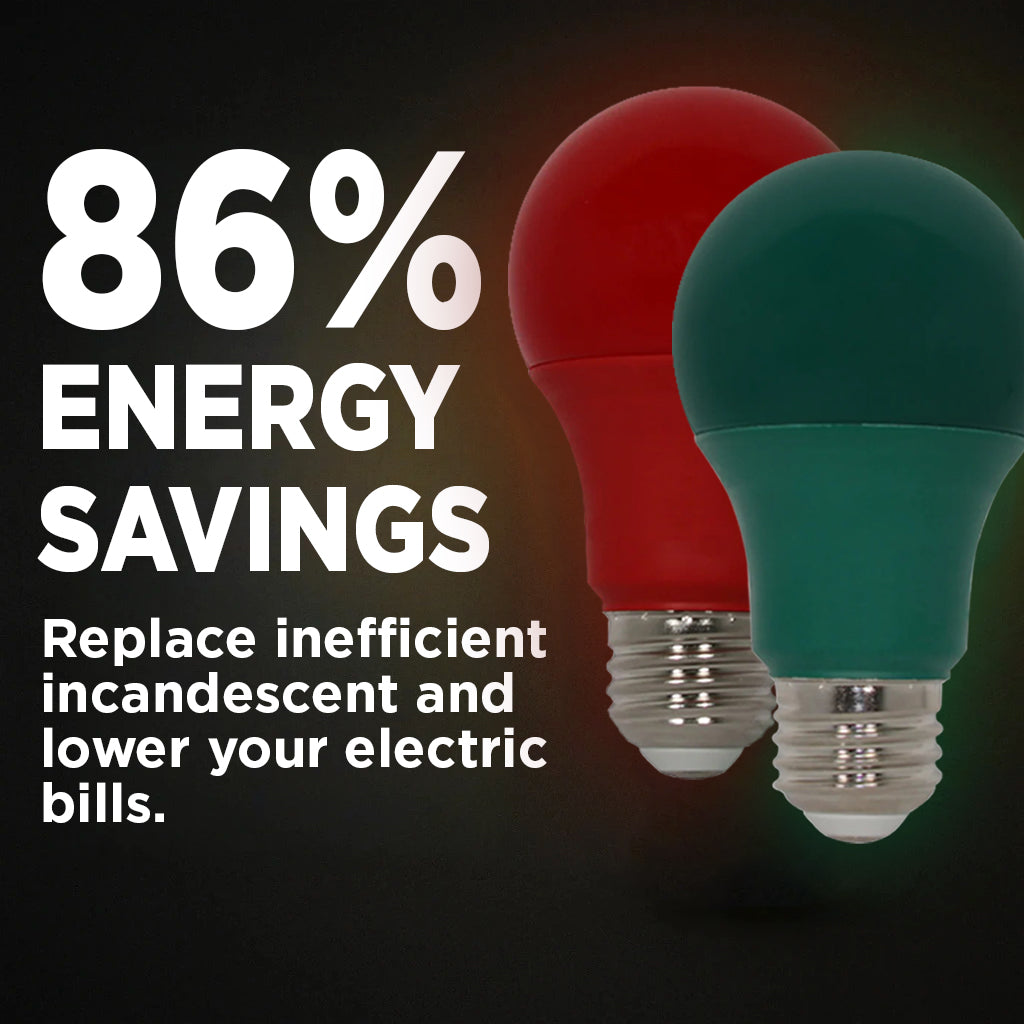 60 Watt EQUAL - 9 WATT A19 LED - E26 MEDIUM BASE - Open & Enclosed Rated - Xmas 2 Pack - (1) GREEN  (1) RED