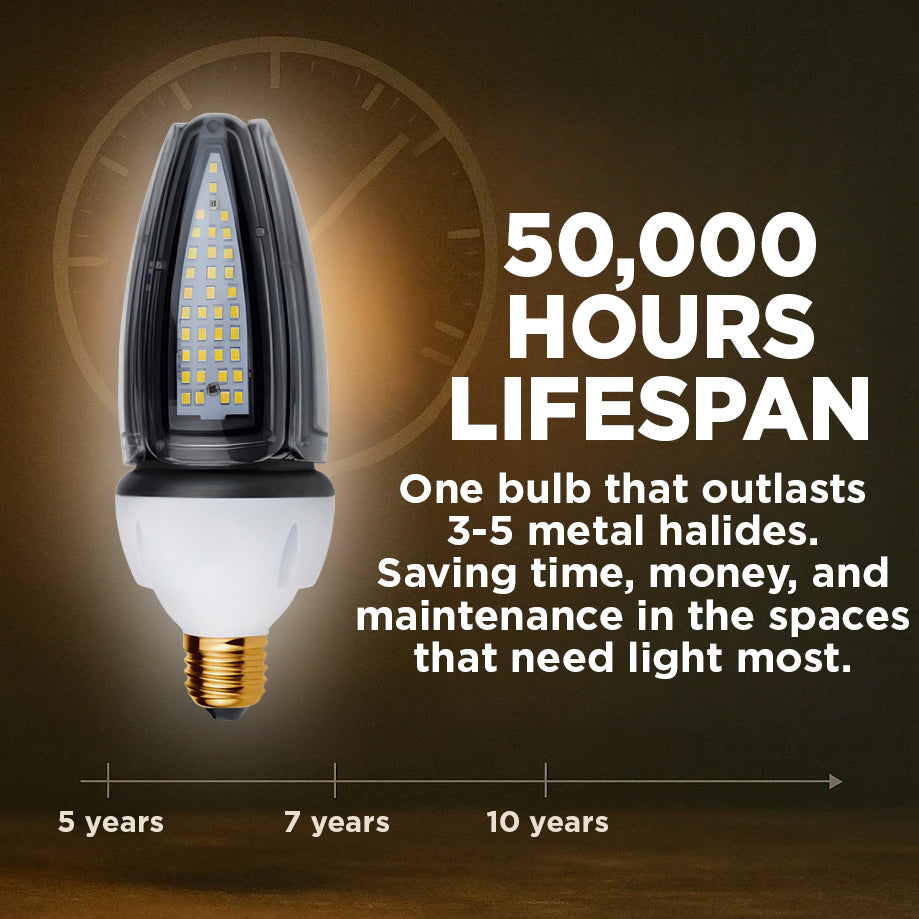 200w EQUIVALENT - 20 WATT NON-DIMMABLE LED ACORN - 84 CRI - PLATINUM PURE WHITE - 2400 LUMENS - 5000 KELVIN - ROUGH SERVICE - 50,000 HOURS & 5 YEAR
