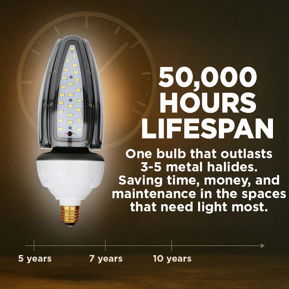 300w EQUIVALENT - 30 WATT NON-DIMMABLE LED ACORN - 84 CRI - PLATINUM PURE WHITE - 4200 LUMENS - 5000 KELVIN - ROUGH SERVICE - 50,000 HOURS & 5 YEAR