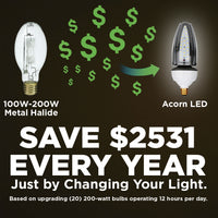 300w EQUIVALENT - 30 WATT NON-DIMMABLE LED ACORN - 84 CRI - PLATINUM PURE WHITE - 4200 LUMENS - 5000 KELVIN - ROUGH SERVICE - 50,000 HOURS & 5 YEAR