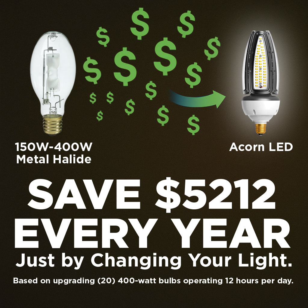 400w EQUIVALENT - 50 WATT NON-DIMMABLE LED ACORN - 84 CRI - PLATINUM PURE WHITE - 7000 LUMENS - 5000 KELVIN - ROUGH SERVICE - 50,000 HOURS & 5 YEAR