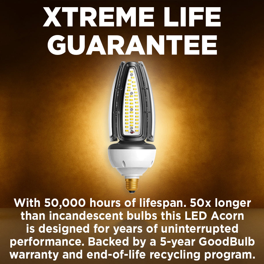 400w EQUIVALENT - 50 WATT NON-DIMMABLE LED ACORN - 84 CRI - PLATINUM PURE WHITE - 7000 LUMENS - 5000 KELVIN - ROUGH SERVICE - 50,000 HOURS & 5 YEAR