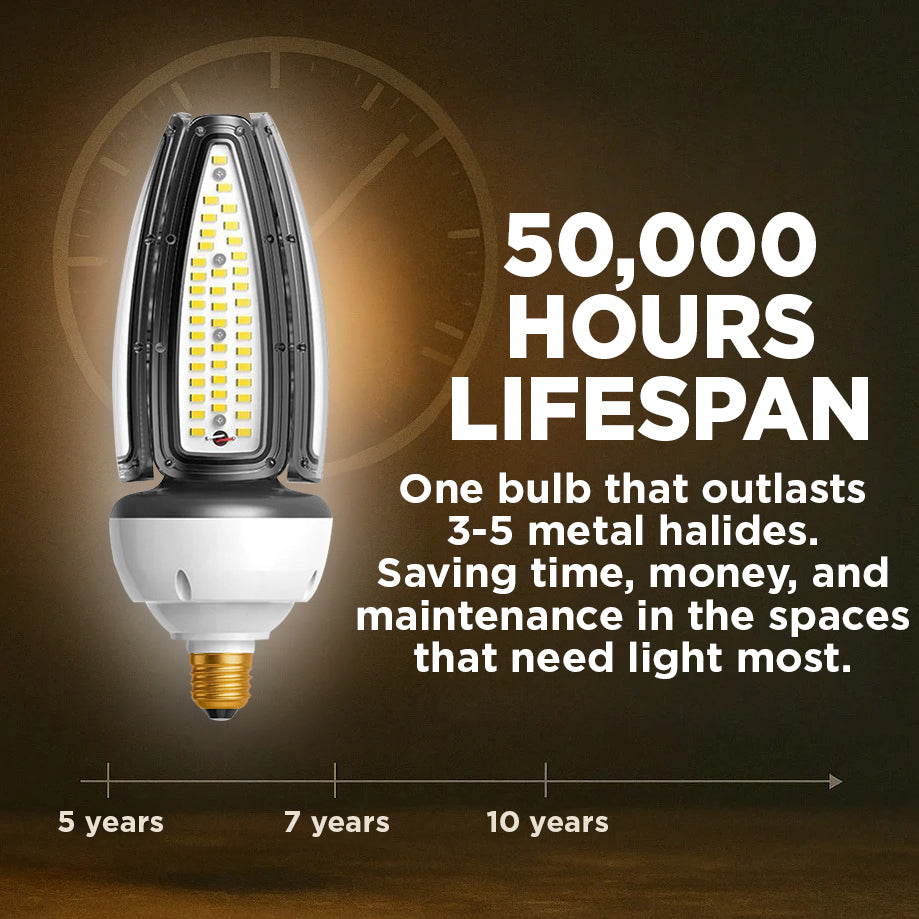 400w EQUIVALENT - 50 WATT NON-DIMMABLE LED ACORN - 84 CRI - PLATINUM PURE WHITE - 7000 LUMENS - 5000 KELVIN - ROUGH SERVICE - 50,000 HOURS & 5 YEAR