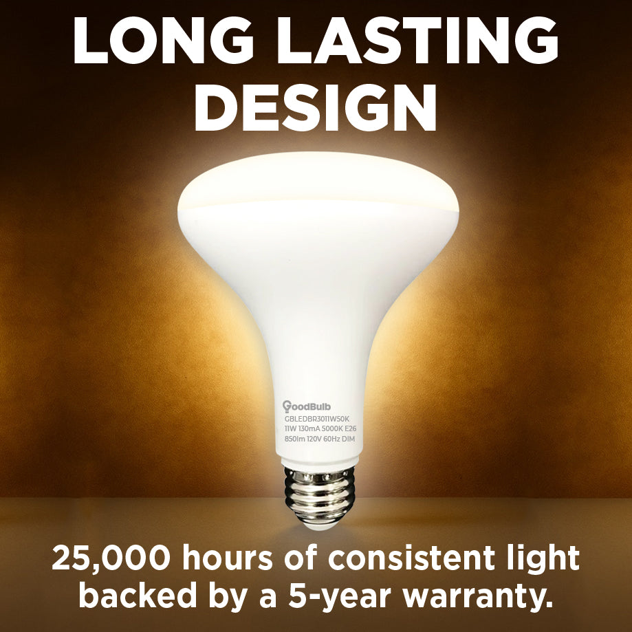 65w BR30 UPGRADE - 11 WATT DIMMABLE LED Reflector - 82 CRI - PLATINUM PURE WHITE - 850 LUMENS - 5000 KELVIN - ROUGH SERVICE - 25,000 HOURS & 5 YEAR