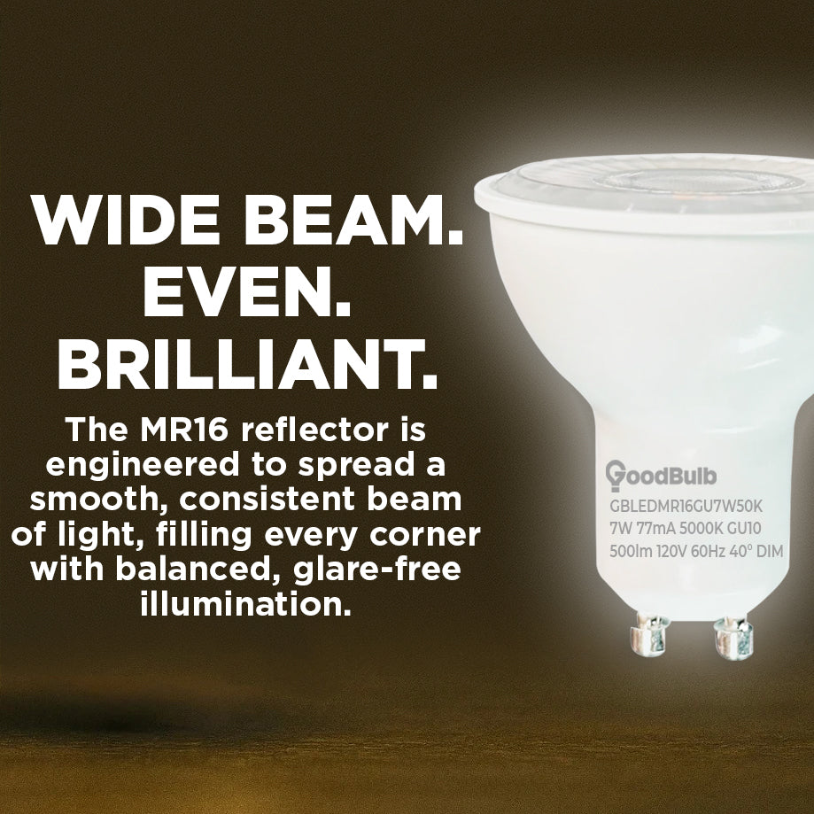 50w HALOGEN EQUIVALENT - 7 WATT DIMMABLE LED REFLECTOR - 82 CRI - PLATINUM PURE WHITE - 500 LUMENS - 5000 KELVIN - ROUGH SERVICE - 25,000 HOURS & 5 YEAR