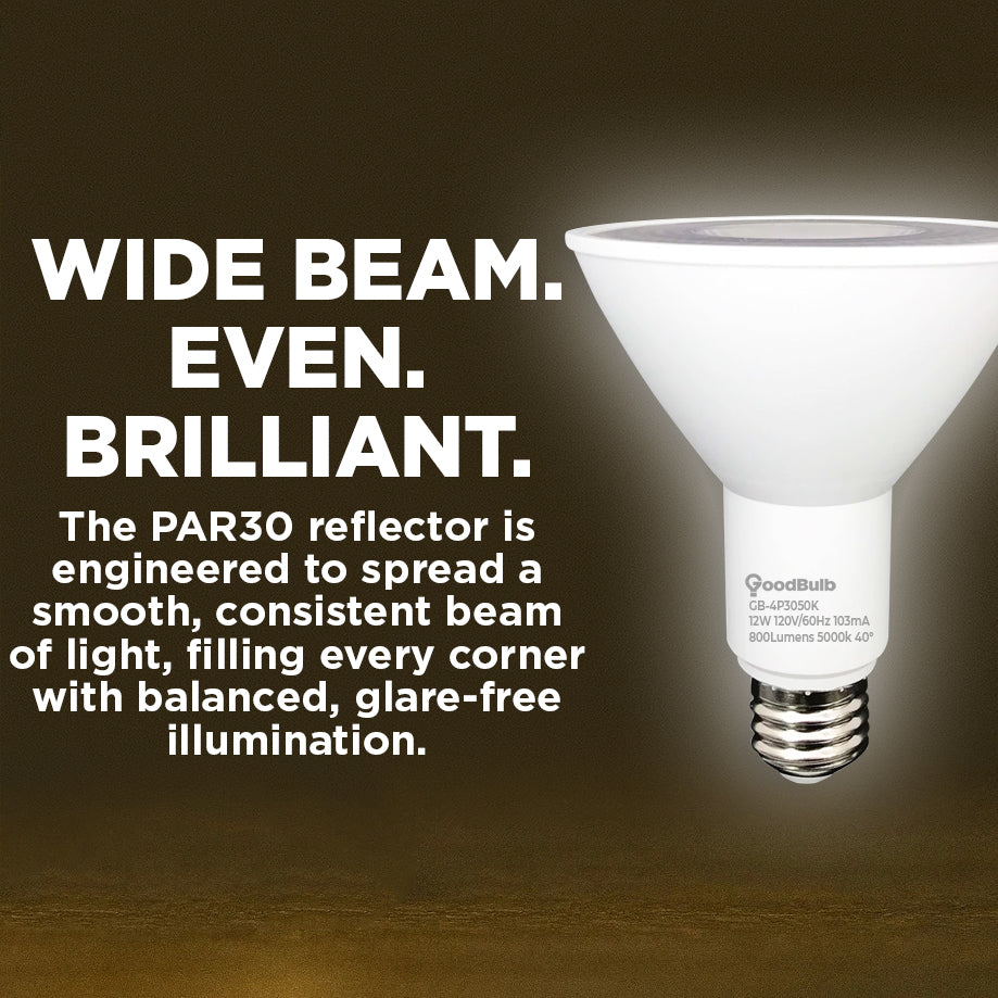 75w HALOGEN UPGRADE - 12 WATT DIMMABLE LED PAR30 LN - 82 CRI - PLATINUM PURE WHITE - 800 LUMENS - 5000 KELVIN - ROUGH SERVICE - 25,000 HOURS & 3 YEAR