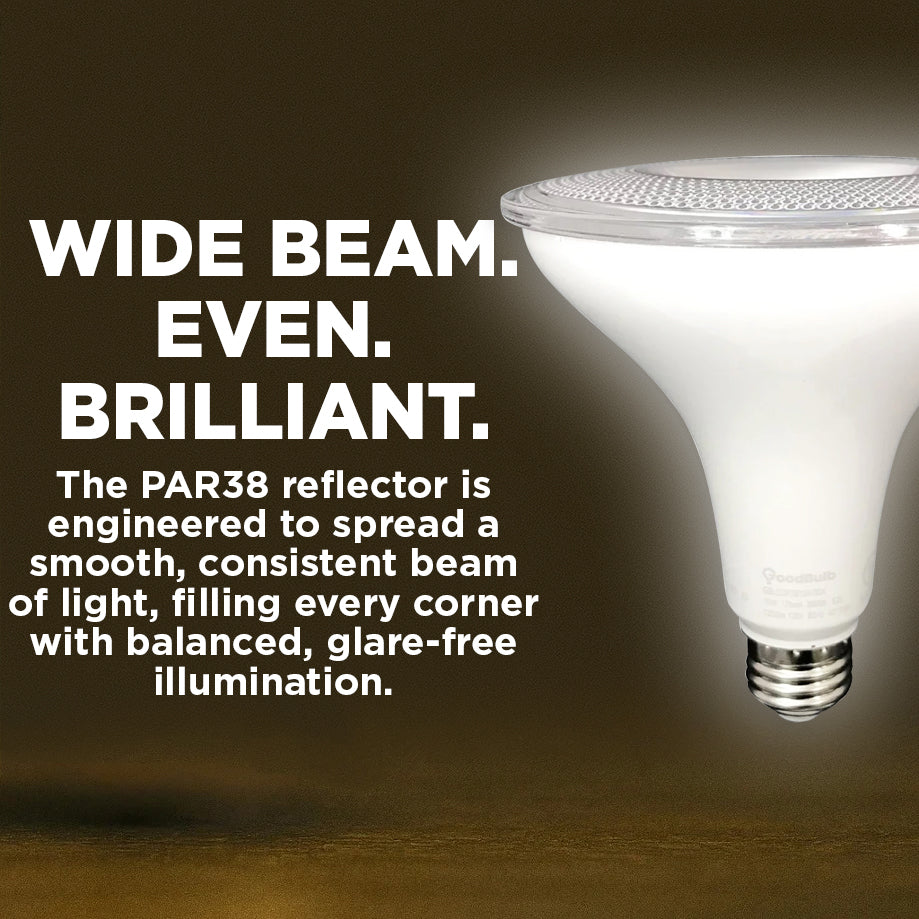 120w HALOGEN UPGRADE - 15 WATT DIMMABLE LED PAR38 - 82 CRI - SUNRISE WARM WHITE - 1250 LUMENS - 3000 KELVIN - ROUGH SERVICE - 25,000 HOURS & 3 YEAR
