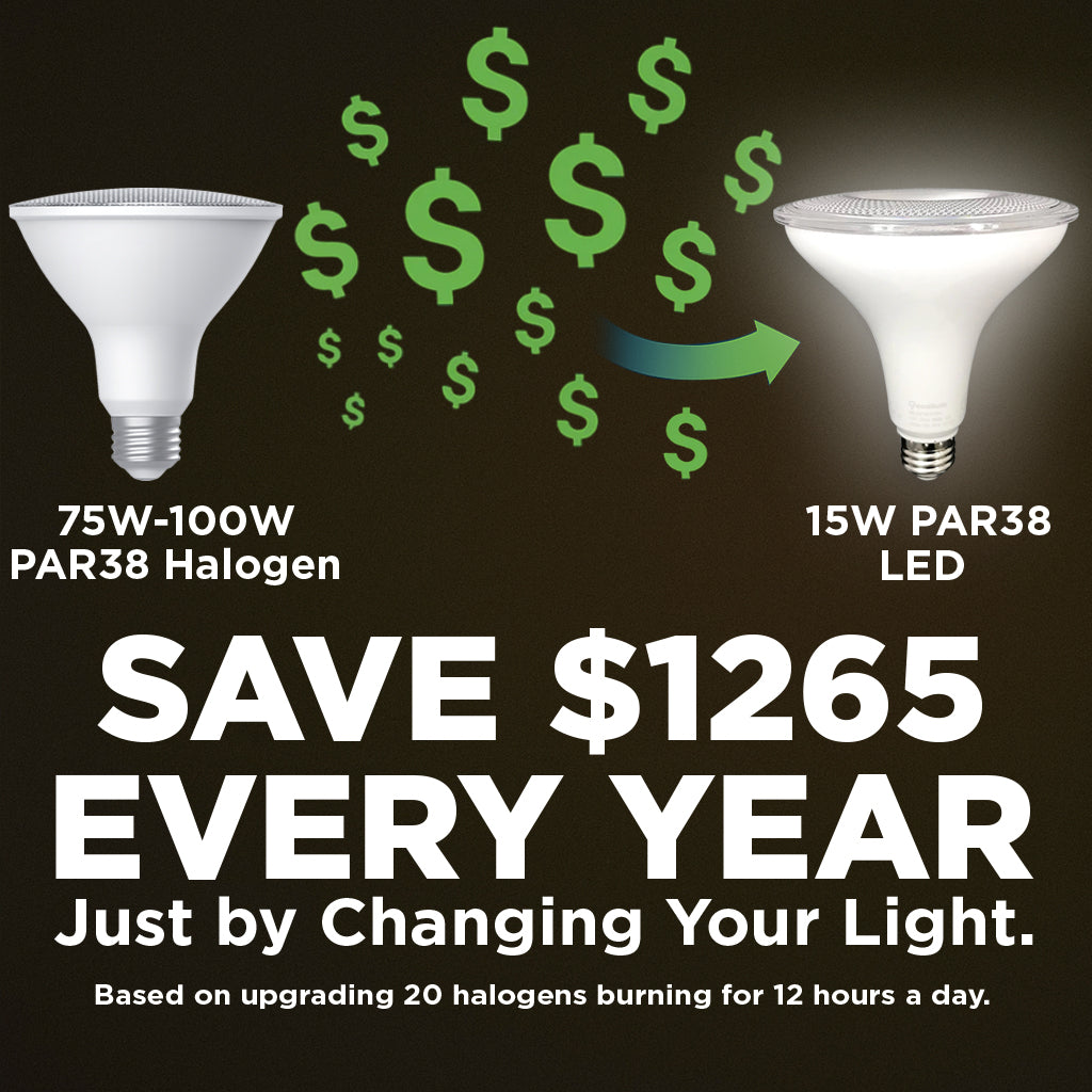 120w HALOGEN UPGRADE - 15 WATT DIMMABLE LED PAR38 - 82 CRI - SUNRISE WARM WHITE - 1250 LUMENS - 3000 KELVIN - ROUGH SERVICE - 25,000 HOURS & 3 YEAR