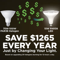 120w HALOGEN UPGRADE - 15 WATT DIMMABLE LED PAR38 - 82 CRI - SUNRISE WARM WHITE - 1250 LUMENS - 3000 KELVIN - ROUGH SERVICE - 25,000 HOURS & 3 YEAR