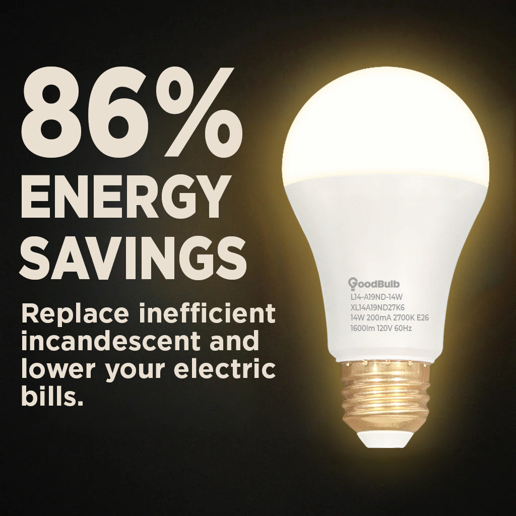 100 WATT REPLACEMENT – 14 WATT ROUGH SERVICE LED A19 – WARM INCANDESCENT SPARKLE – 1600 LUMENS – 2700 KELVIN – NON DIMMABLE - 25,000 HOURS - 5 YEAR WARRANTY