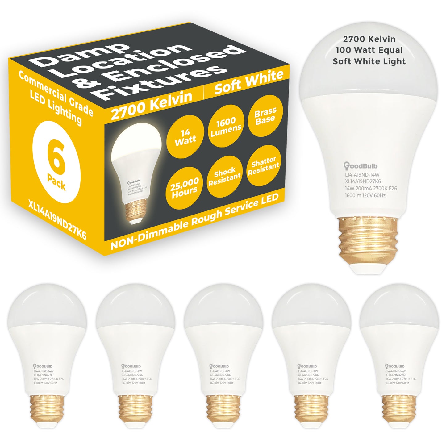 100 WATT REPLACEMENT – 14 WATT ROUGH SERVICE LED A19 – WARM INCANDESCENT SPARKLE – 1600 LUMENS – 2700 KELVIN – NON DIMMABLE - 25,000 HOURS - 5 YEAR WARRANTY