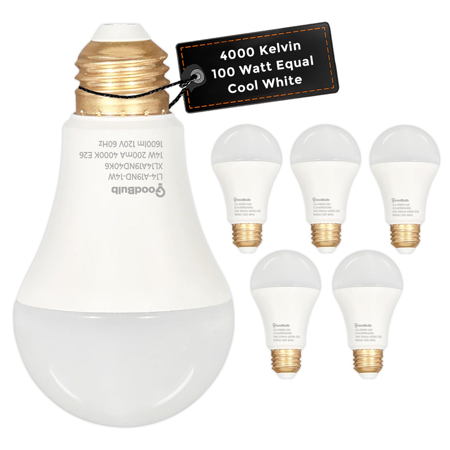 100 WATT REPLACEMENT - 14 WATT ROUGH SERVICE LED A19 - COOL WHITE - 1600 LUMENS - 4000 KELVIN - NON DIMMABLE - 25,000 HOURS - 5 YEAR WARRANTY