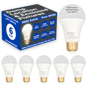 100 WATT REPLACEMENT– 14 WATT ROUGH SERVICE LED A19 – PURE WHITE – 1600 LUMENS – 5000 KELVIN – NON DIMMABLE - 25,000 HOURS - 5 YEAR WARRANTY