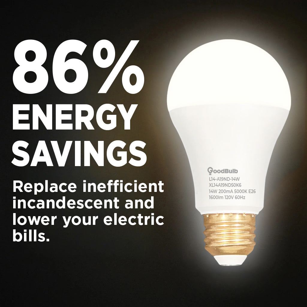100 WATT REPLACEMENT– 14 WATT ROUGH SERVICE LED A19 – PURE WHITE – 1600 LUMENS – 5000 KELVIN – NON DIMMABLE - 25,000 HOURS - 5 YEAR WARRANTY
