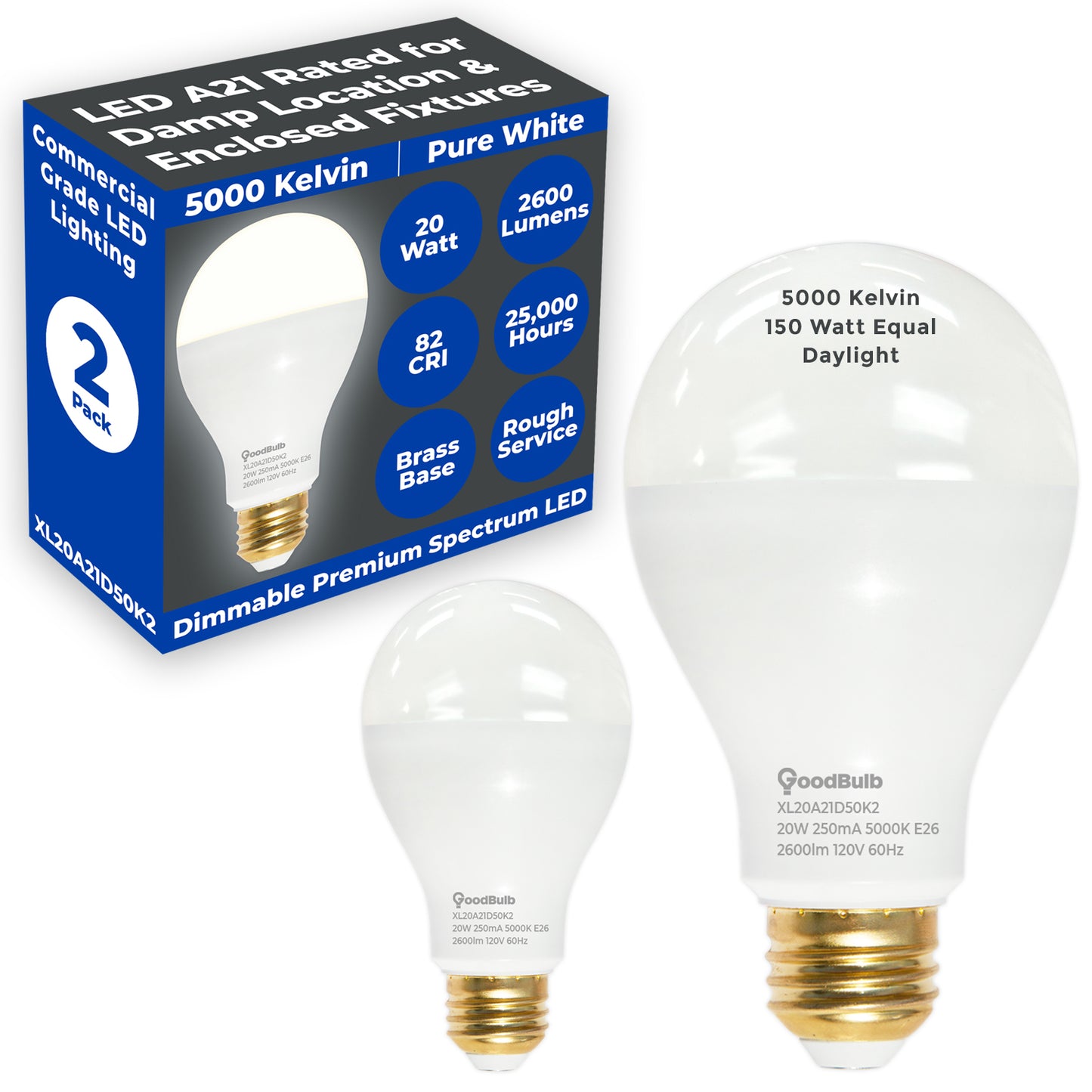 150 WATT UPGRADE - 20 WATT DIMMABLE A Shape - ROUGH SERVICE LEDS - PLATINUM PURE WHITE LIGHT - 2600 LUMENS - 5000 KELVIN - 25,000 HOURS & 5 YEAR WARRANTY
