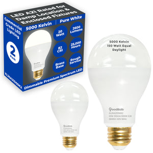 150 WATT UPGRADE - 20 WATT DIMMABLE A Shape - ROUGH SERVICE LEDS - PLATINUM PURE WHITE LIGHT - 2600 LUMENS - 5000 KELVIN - 25,000 HOURS & 5 YEAR WARRANTY