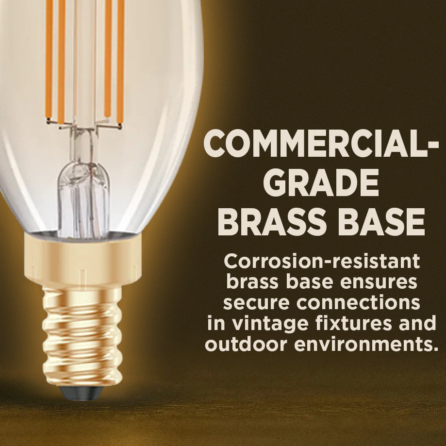 40 WATT EQUAL – 5 WATT CLEAR GOLDEN FINISH E12 CHANDELIER LED – 90+ HIGH CRI – SERENE SUNSET WARM LIGHT – 300 LUMENS – 2200 KELVIN – THICK FILAMENT - 3 YEAR WARRANTY