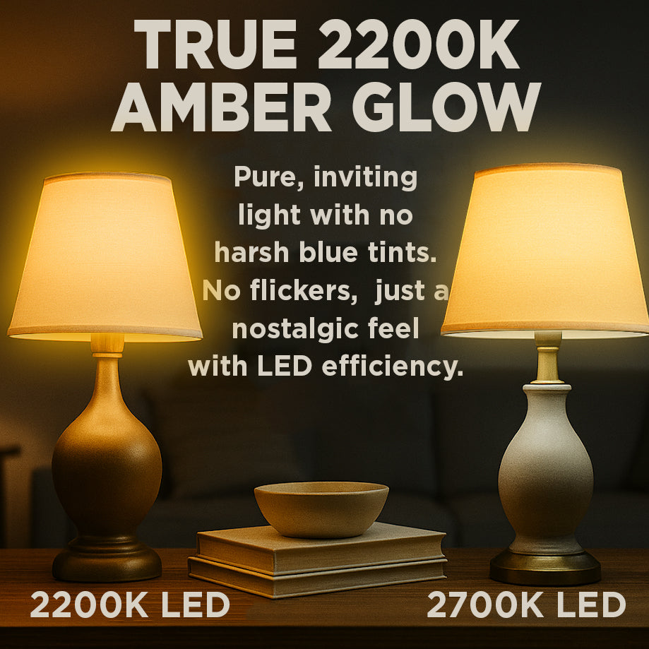40 WATT EQUAL – 5 WATT CLEAR GOLDEN FINISH E12 CHANDELIER LED – 90+ HIGH CRI – SERENE SUNSET WARM LIGHT – 300 LUMENS – 2200 KELVIN – THICK FILAMENT - 3 YEAR WARRANTY