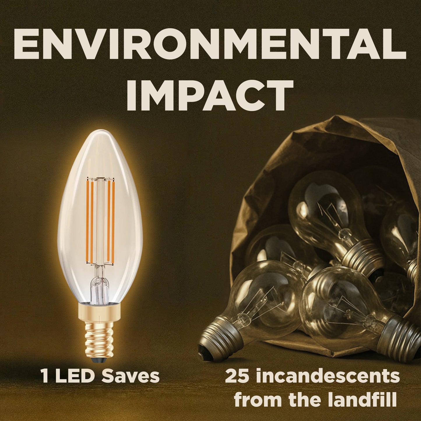 40 WATT EQUAL – 5 WATT CLEAR GOLDEN FINISH E12 CHANDELIER LED – 90+ HIGH CRI – SERENE SUNSET WARM LIGHT – 300 LUMENS – 2200 KELVIN – THICK FILAMENT - 3 YEAR WARRANTY