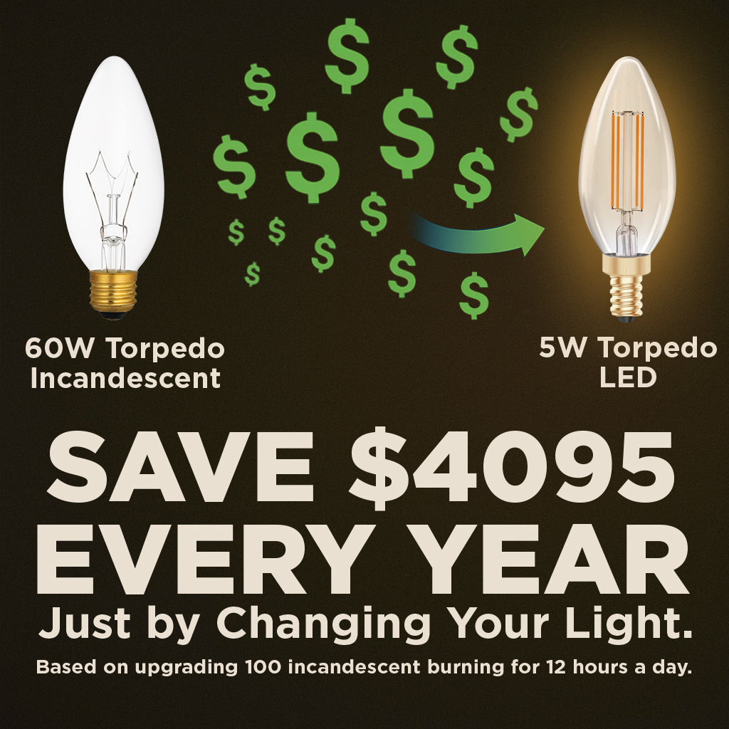 40 WATT EQUAL – 5 WATT CLEAR GOLDEN FINISH E12 CHANDELIER LED – 90+ HIGH CRI – SERENE SUNSET WARM LIGHT – 300 LUMENS – 2200 KELVIN – THICK FILAMENT - 3 YEAR WARRANTY