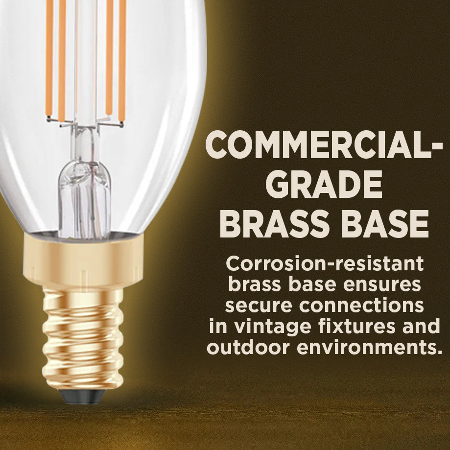 40 WATT EQUAL – 5 WATT CRYSTAL CLEAR E12 CHANDELIER LED – 90+ HIGH CRI – WARM INCANDESCENT SPARKLE – 400 LUMENS – 2700 KELVIN – THICK FILAMENT - 3 YEAR WARRANTY