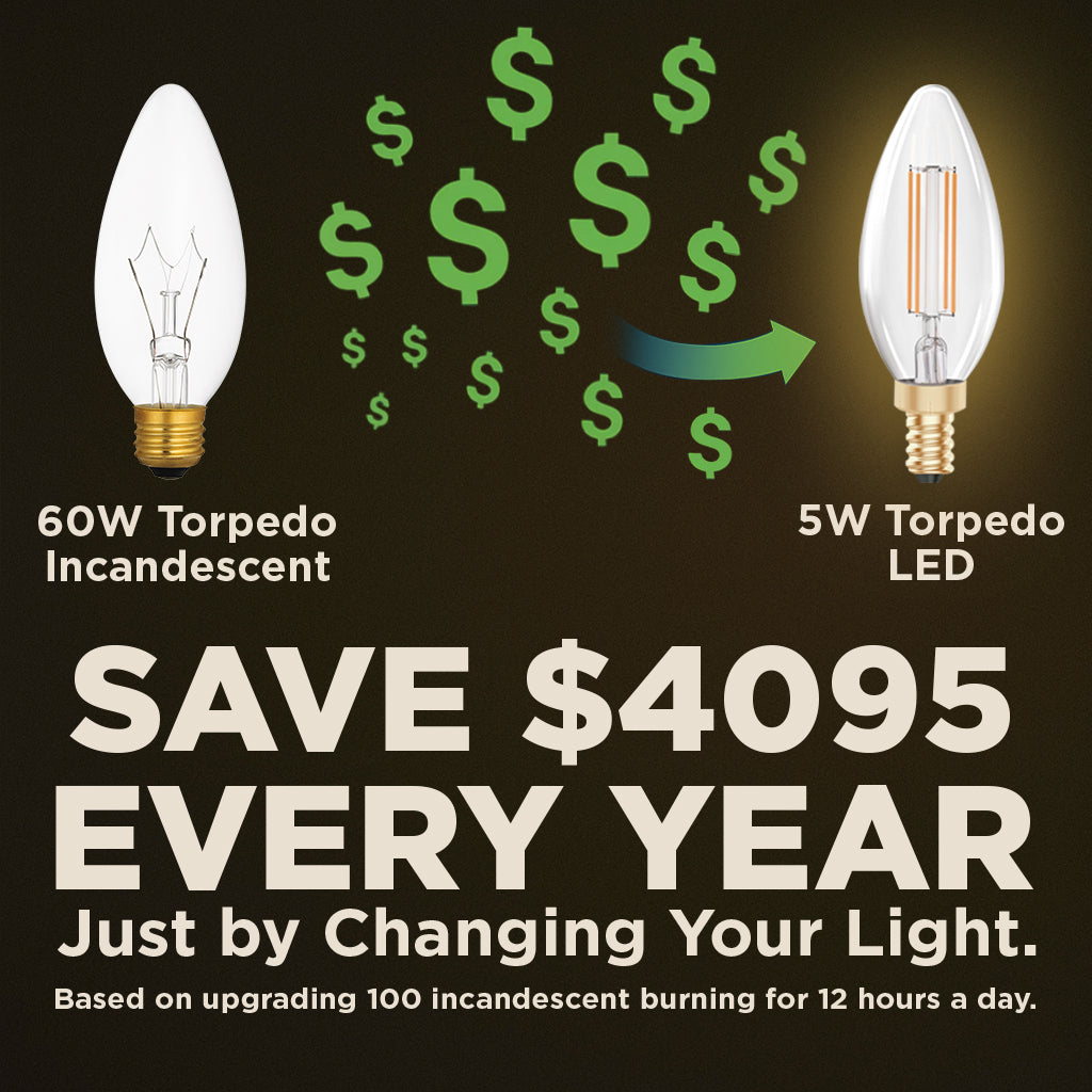 40 WATT EQUAL – 5 WATT CRYSTAL CLEAR E12 CHANDELIER LED – 90+ HIGH CRI – WARM INCANDESCENT SPARKLE – 400 LUMENS – 2700 KELVIN – THICK FILAMENT - 3 YEAR WARRANTY