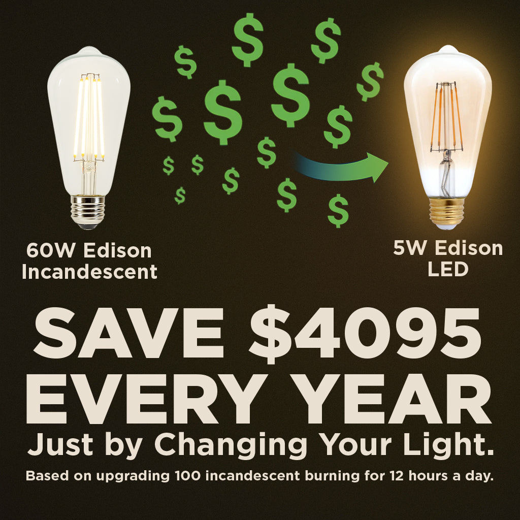 40 WATT EQUAL – 5 WATT CLEAR AMBER FINSIH EDISON LED – 90+ HIGH CRI – GOLDEN SUNSET WARM LIGHT – 400 LUMENS – 2200 KELVIN – THICK FILAMENT - 5 YEAR WARRANTY