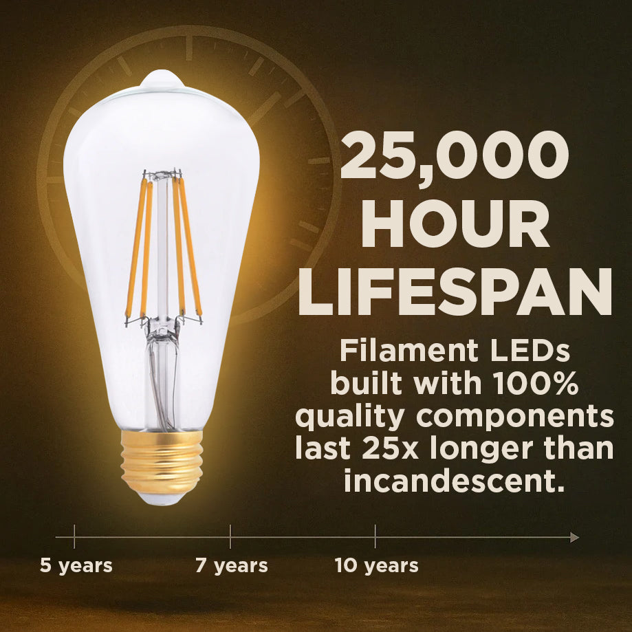 40 WATT REPLACEMENT – 5 WATT CRYSTAL CLEAR FINSIH LED A19 – 90+ HIGH CRI – SOFT INCANDESCENT SPARKLE – 500 LUMENS – 2700 KELVIN – THICK FILAMENT - 5 YEAR WARRANTY