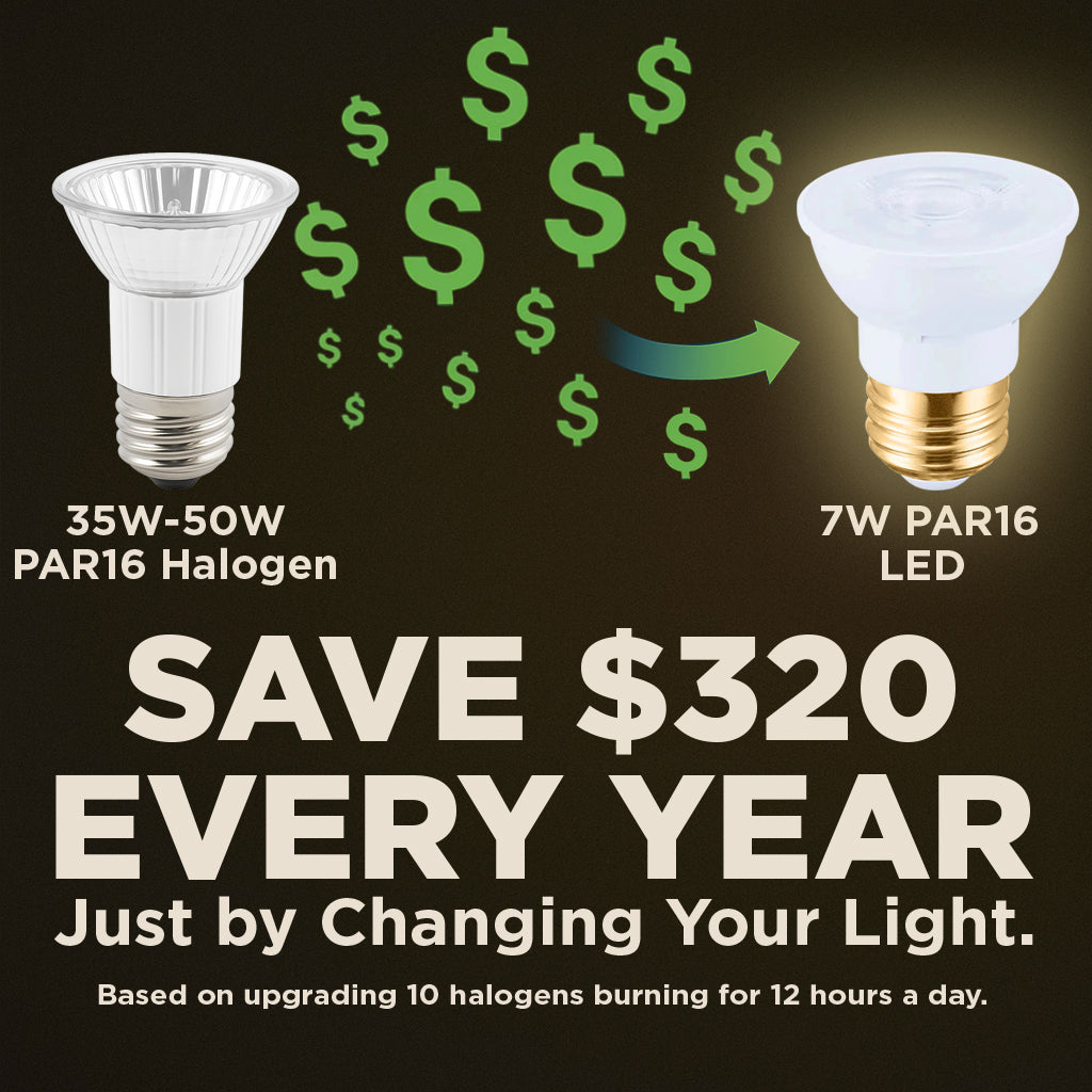 50w HALOGEN UPGRADE - 7 WATT DIMMABLE LED PAR16 SHORT NECK - 90+ CRI - SUNRISE WARM WHITE - 450 LUMENS - 3000 KELVIN - ROUGH SERVICE - 25,000 HOURS & 5 YEAR WARRANTY