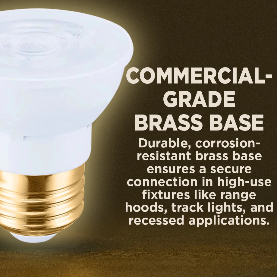 50w HALOGEN UPGRADE - 7 WATT DIMMABLE LED PAR16 SHORT NECK - 90+ CRI - SUNRISE WARM WHITE - 450 LUMENS - 3000 KELVIN - ROUGH SERVICE - 25,000 HOURS & 5 YEAR WARRANTY