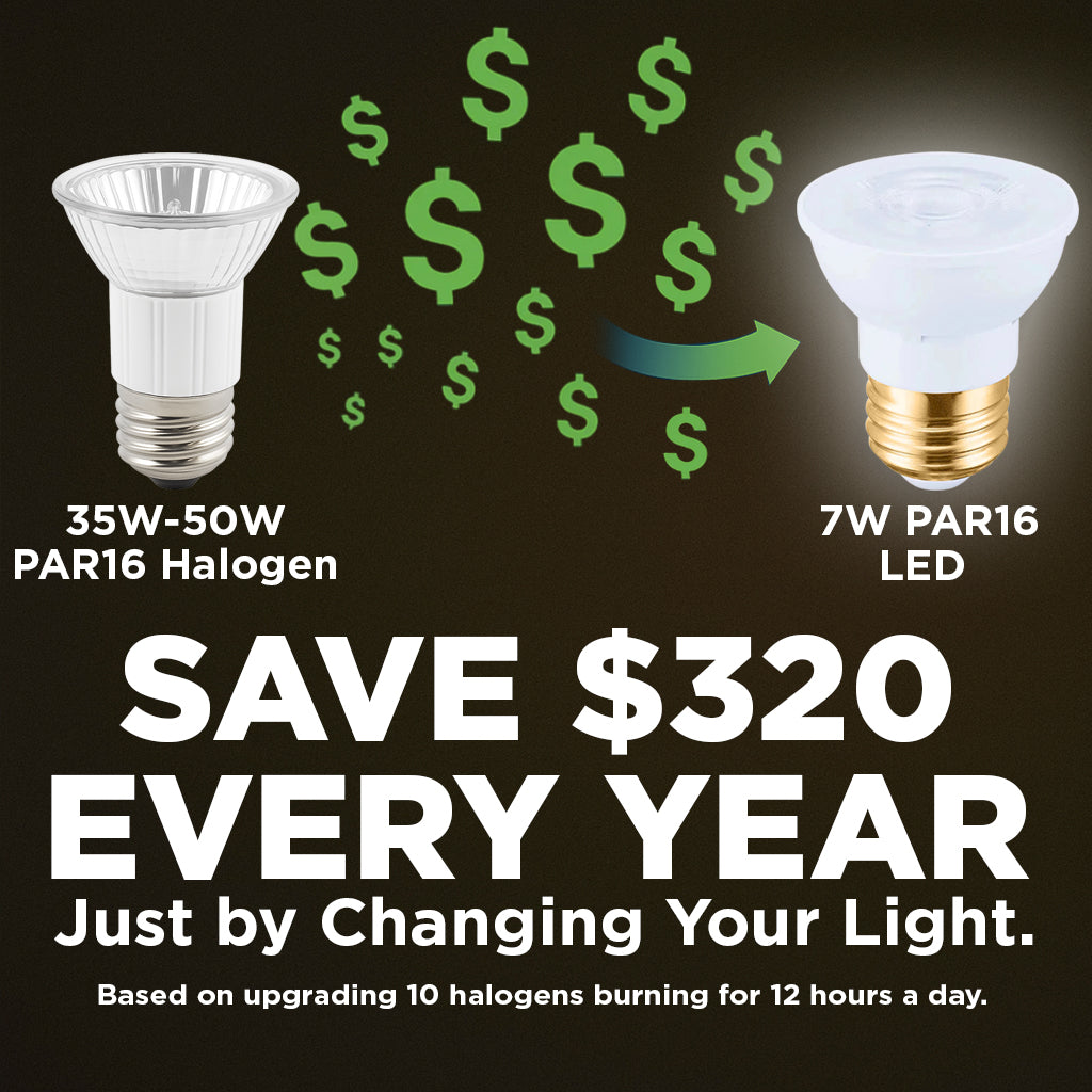 50w HALOGEN UPGRADE - 7 WATT DIMMABLE LED PAR16 SHORT NECK - 90+ CRI - PURE WHITE - 450 LUMENS - 5000 KELVIN - ROUGH SERVICE - 25,000 HOURS & 5 YEAR WARRANTY