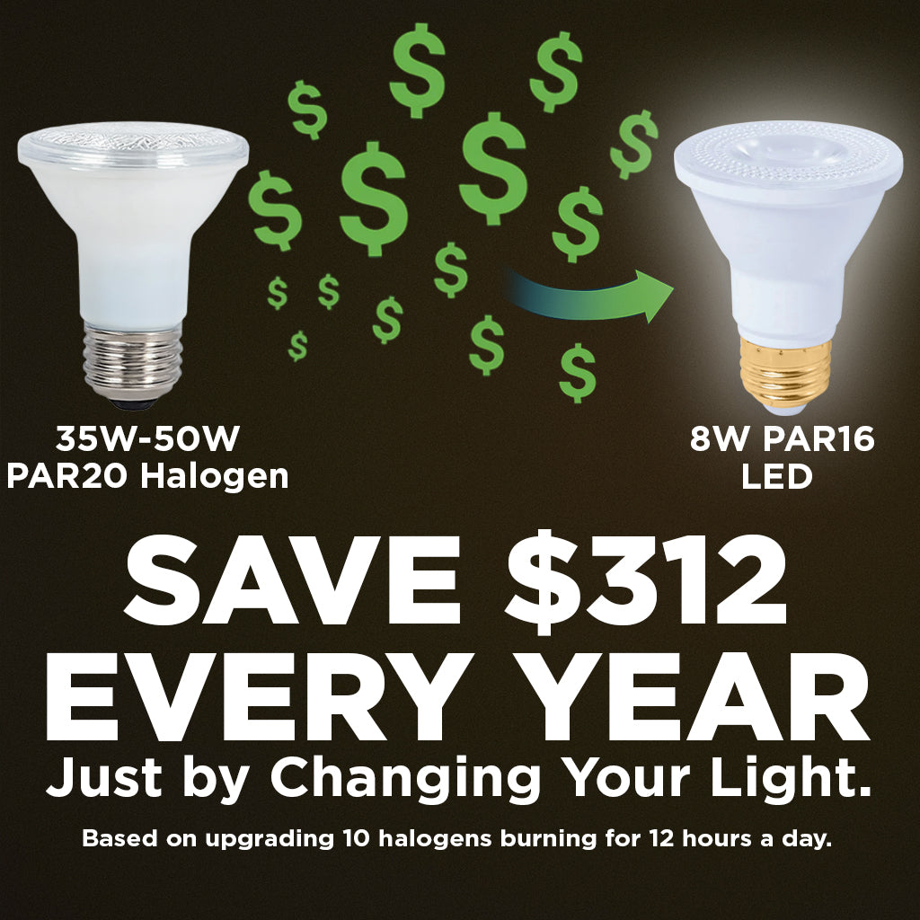 50w HALOGEN UPGRADE - 8 WATT DIMMABLE LED PAR20 - 90+ CRI - SUNRISE WARM WHITE - 500 LUMENS - 3000 KELVIN - ROUGH SERVICE - 25,000 HOURS & 5 YEAR