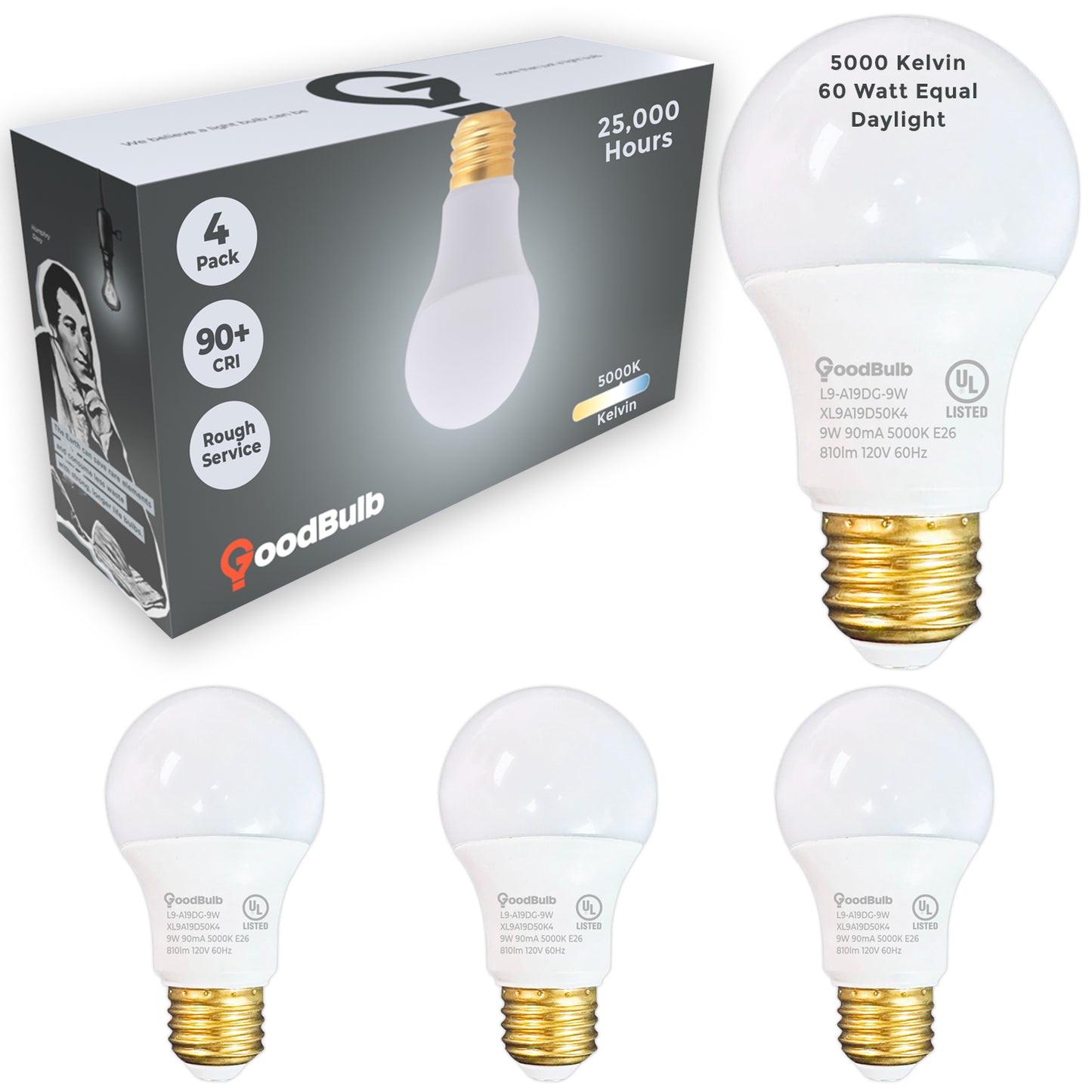 60 WATT UPGRADE - 9 WATT DIMMABLE LED A19 - 90+ HIGH CRI - PLATINUM PURE WHITE LIGHT - 810 LUMENS - 5000 KELVIN - ROUGH SERVICE - 25,000 HOURS & 5 YEAR WARRANTY