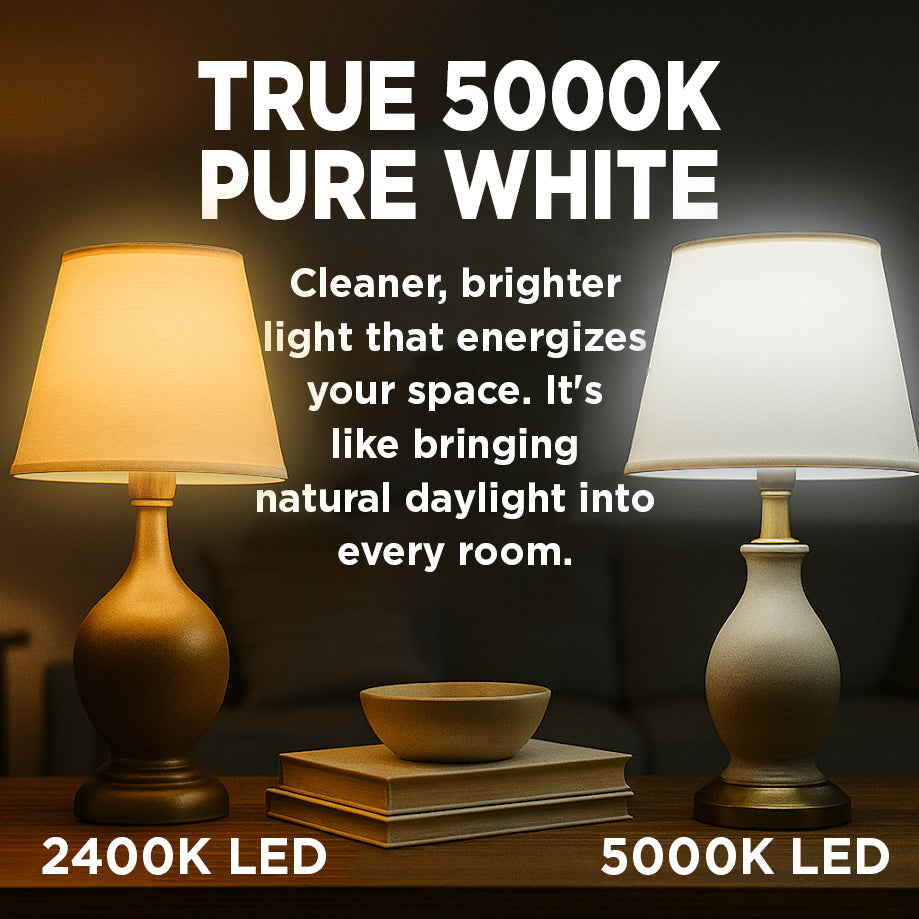 60 WATT UPGRADE – 9 WATT DIMMABLE LED A19 – 90+ HIGH CRI – PLATINUM PURE WHITE LIGHT – 810 LUMENS – 5000 KELVIN – ROUGH SERVICE - 25,000 HOURS & 5 YEAR WARRANTY