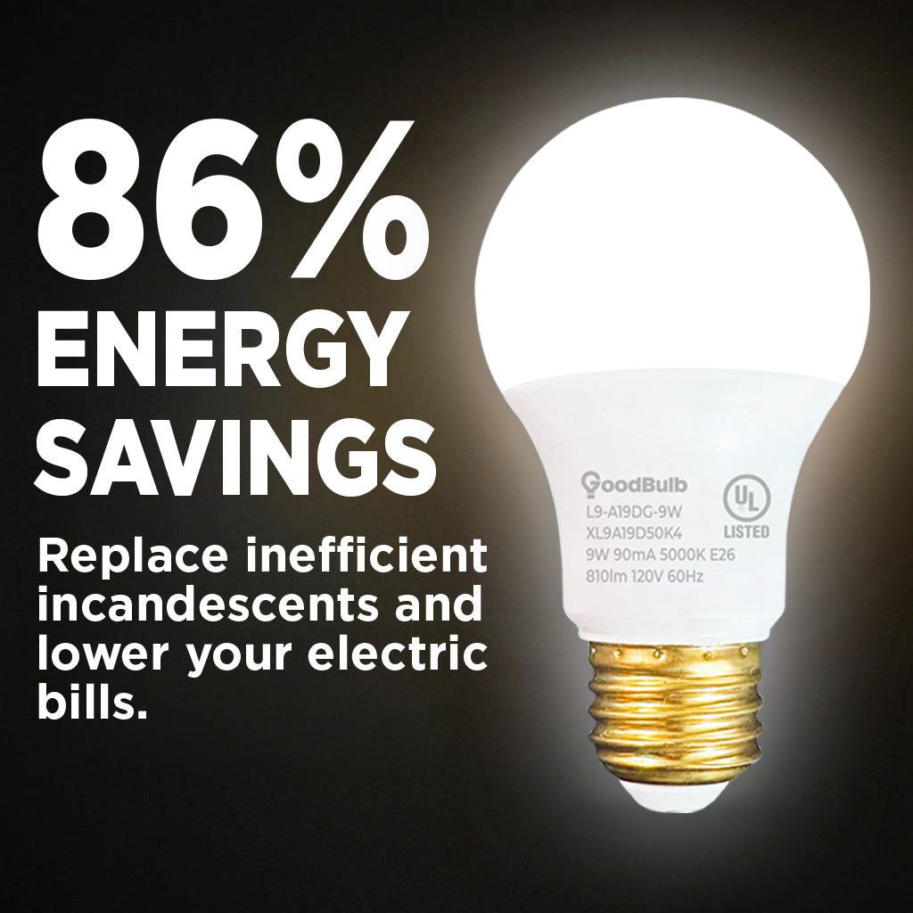 60 WATT UPGRADE – 9 WATT DIMMABLE LED A19 – 90+ HIGH CRI – PLATINUM PURE WHITE LIGHT – 810 LUMENS – 5000 KELVIN – ROUGH SERVICE - 25,000 HOURS & 5 YEAR WARRANTY