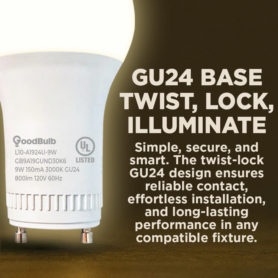 60 WATT EQUAL – 9 WATT GU24 LED A19 – WARM WHITE – 800 LUMENS – 3000 KELVIN – NON DIMMABLE – 25,000 HOURS
