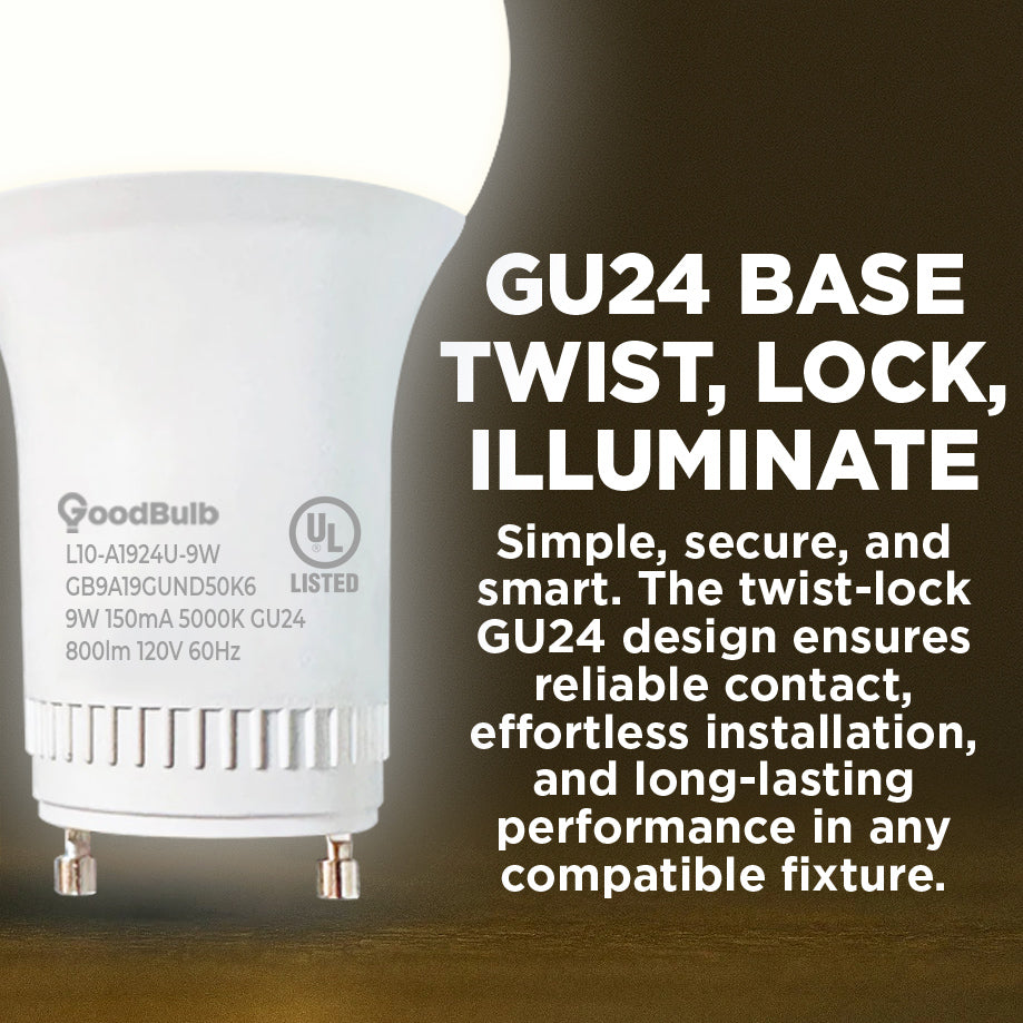 60 WATT EQUAL – 9 WATT GU24 LED A19 – PURE WHITE – 800 LUMENS – 5000 KELVIN – NON DIMMABLE – 25,000 HOURS