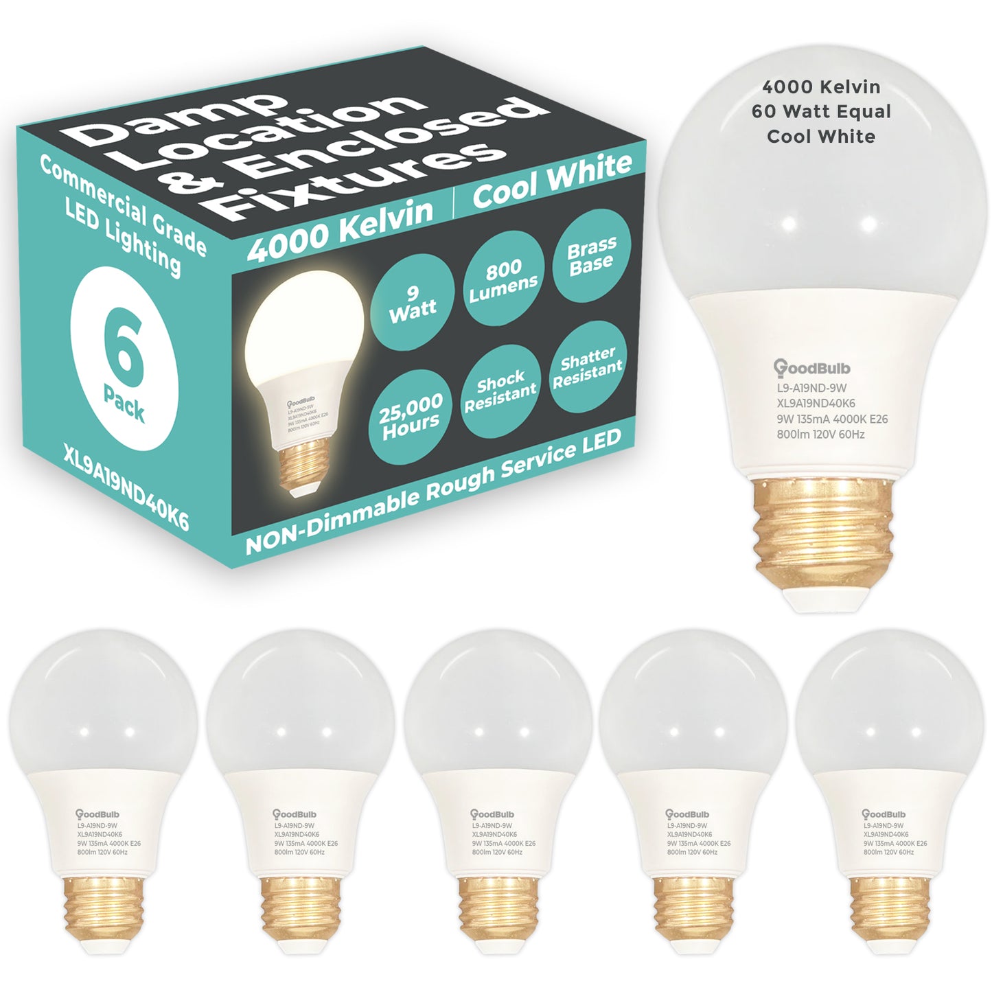 60 WATT REPLACEMENT – 9 WATT ROUGH SERVICE LED A19 – COOL WHITE – 800 LUMENS – 4000 KELVIN – NON DIMMABLE - 25,000 HOURS - 5 YEAR WARRANTY