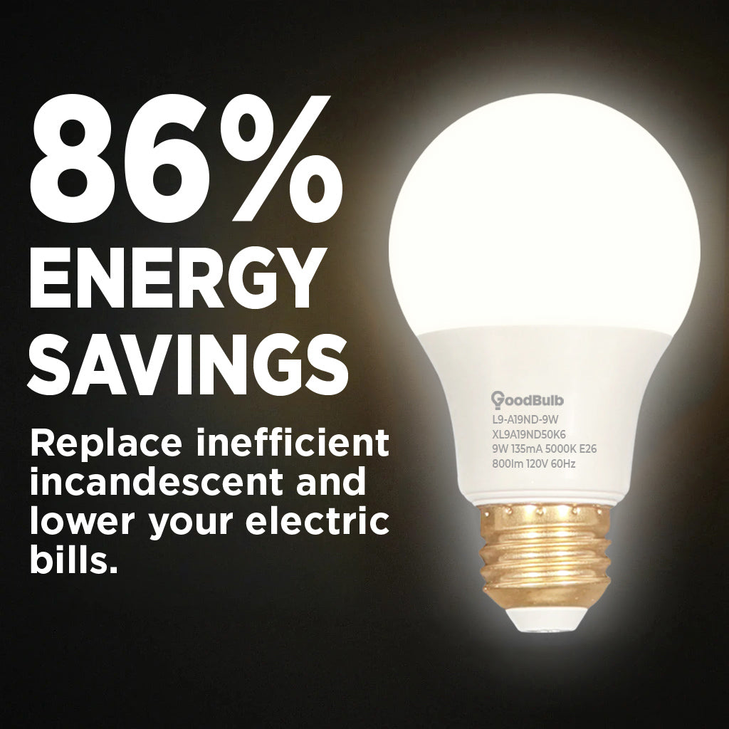 60 WATT REPLACEMENT – 9 WATT ROUGH SERVICE LED A19 – PURE WHITE – 800 LUMENS – 5000 KELVIN – NON DIMMABLE - 25,000 HOURS - 5 YEAR WARRANTY