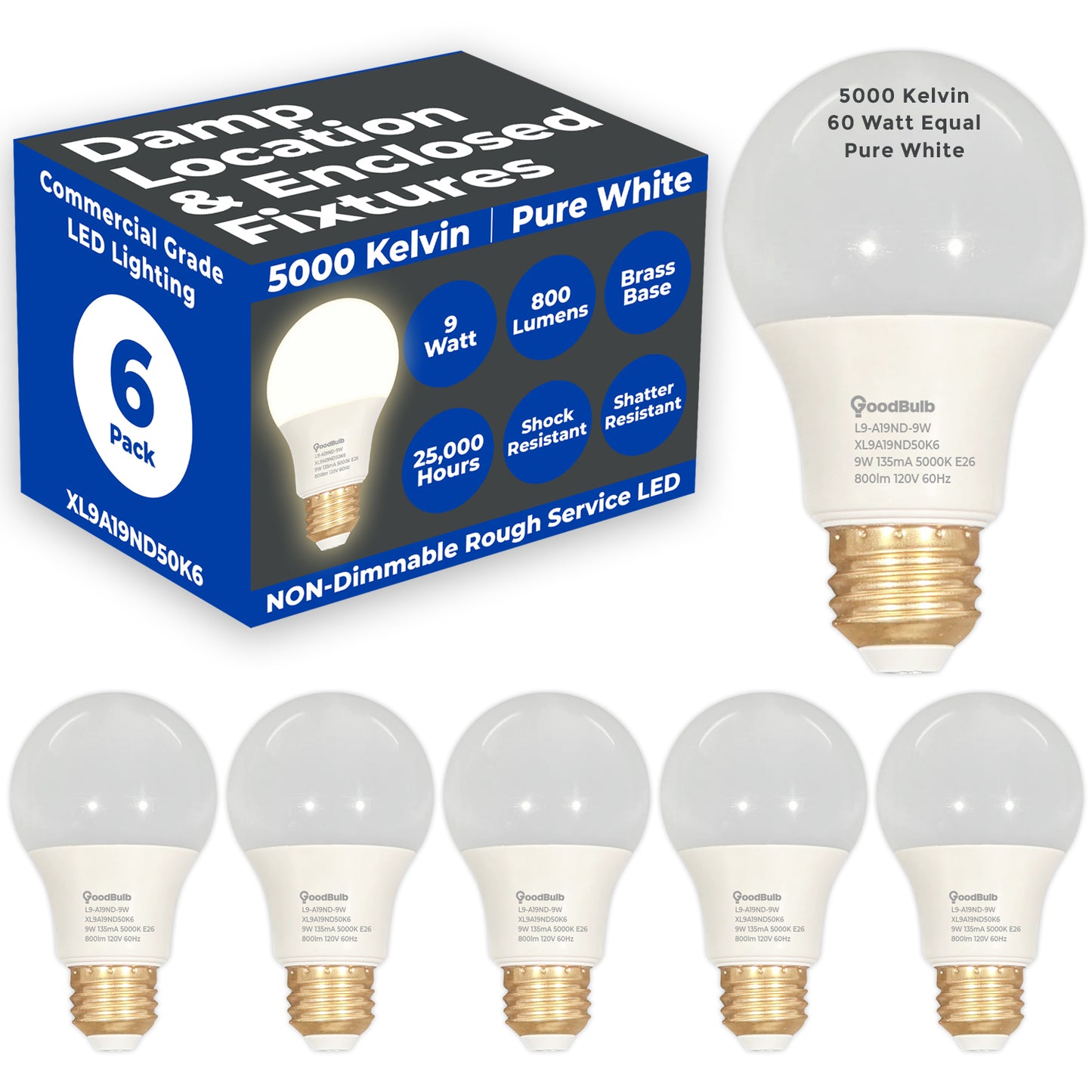 60 WATT REPLACEMENT – 9 WATT ROUGH SERVICE LED A19 – PURE WHITE – 800 LUMENS – 5000 KELVIN – NON DIMMABLE - 25,000 HOURS - 5 YEAR WARRANTY
