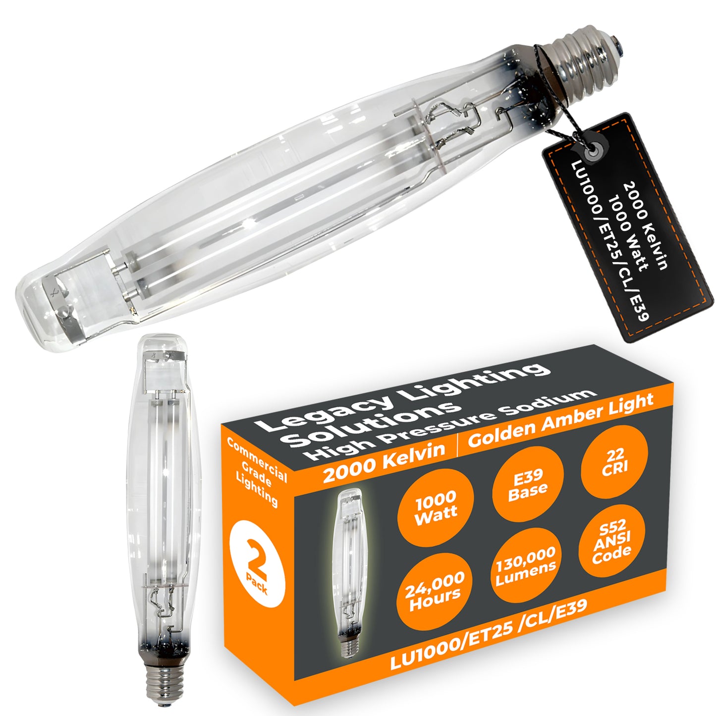 1000W LU1000/ET25/CL/E39 High Pressure Sodium HID Bulb – Durable E39 Mogul Base for Street, Security, and Industrial Lighting Applications