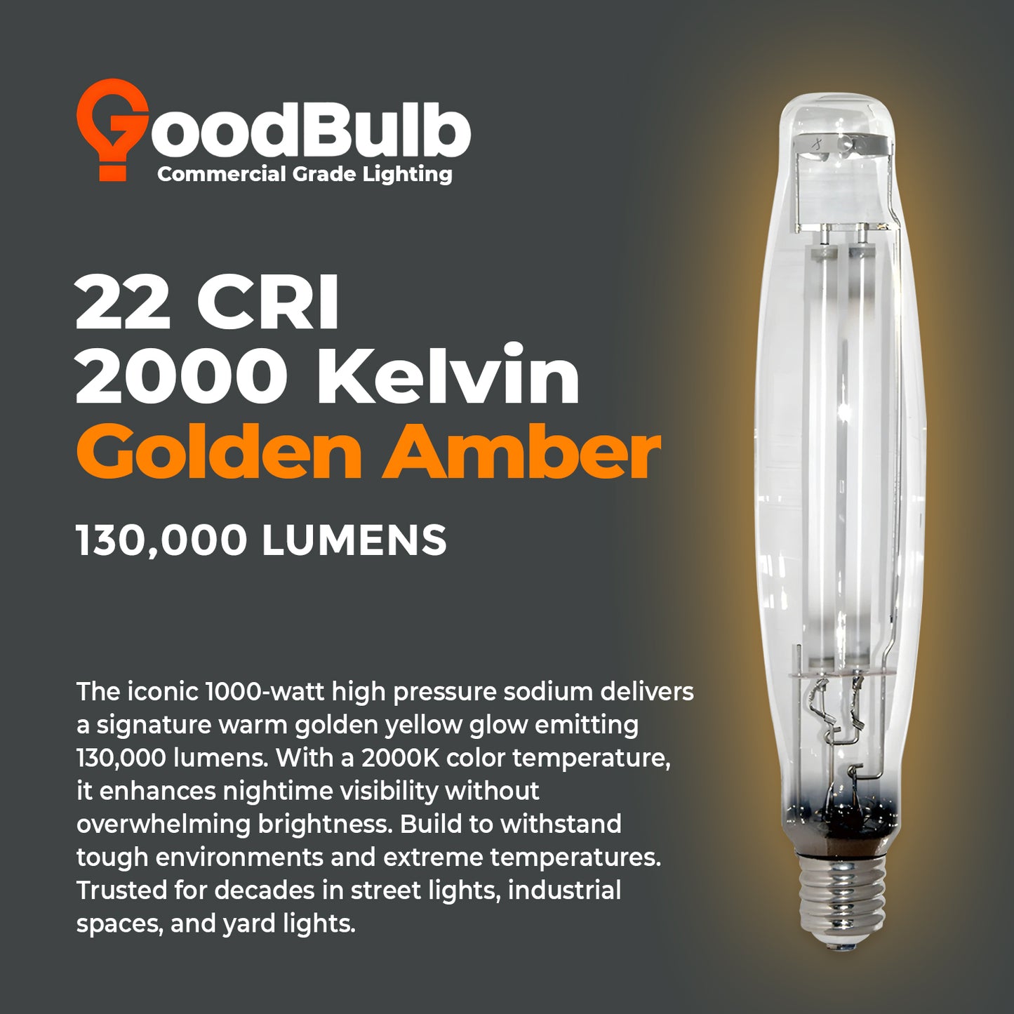 2000K warm yellow light output of LU1000/ET25/CL/E39 1000W High Pressure Sodium Bulb – Enhanced nighttime visibility