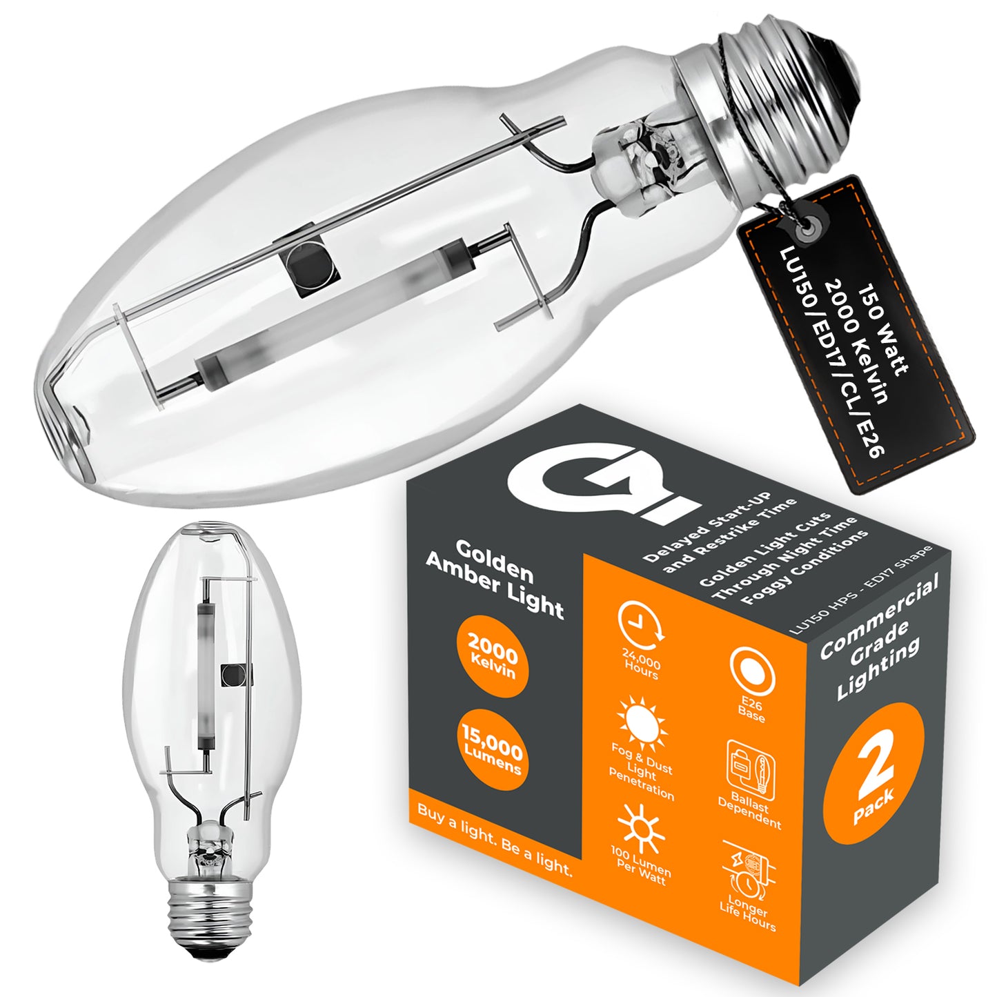 Side view of LU150/ED17/CL/E26 HPS bulb showing ED17 clear glass design and E26 medium base