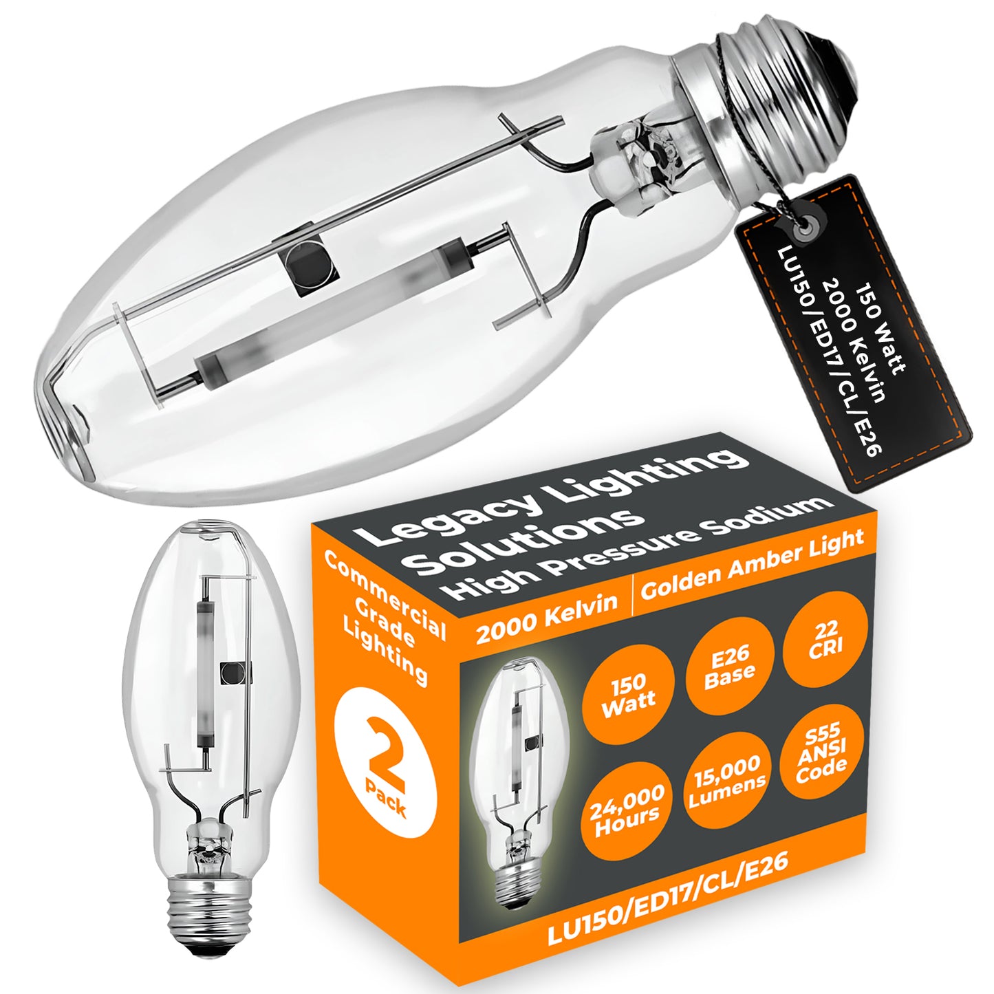 Side view of LU150/ED17/CL/E26 HPS bulb showing ED17 clear glass design and E26 medium base