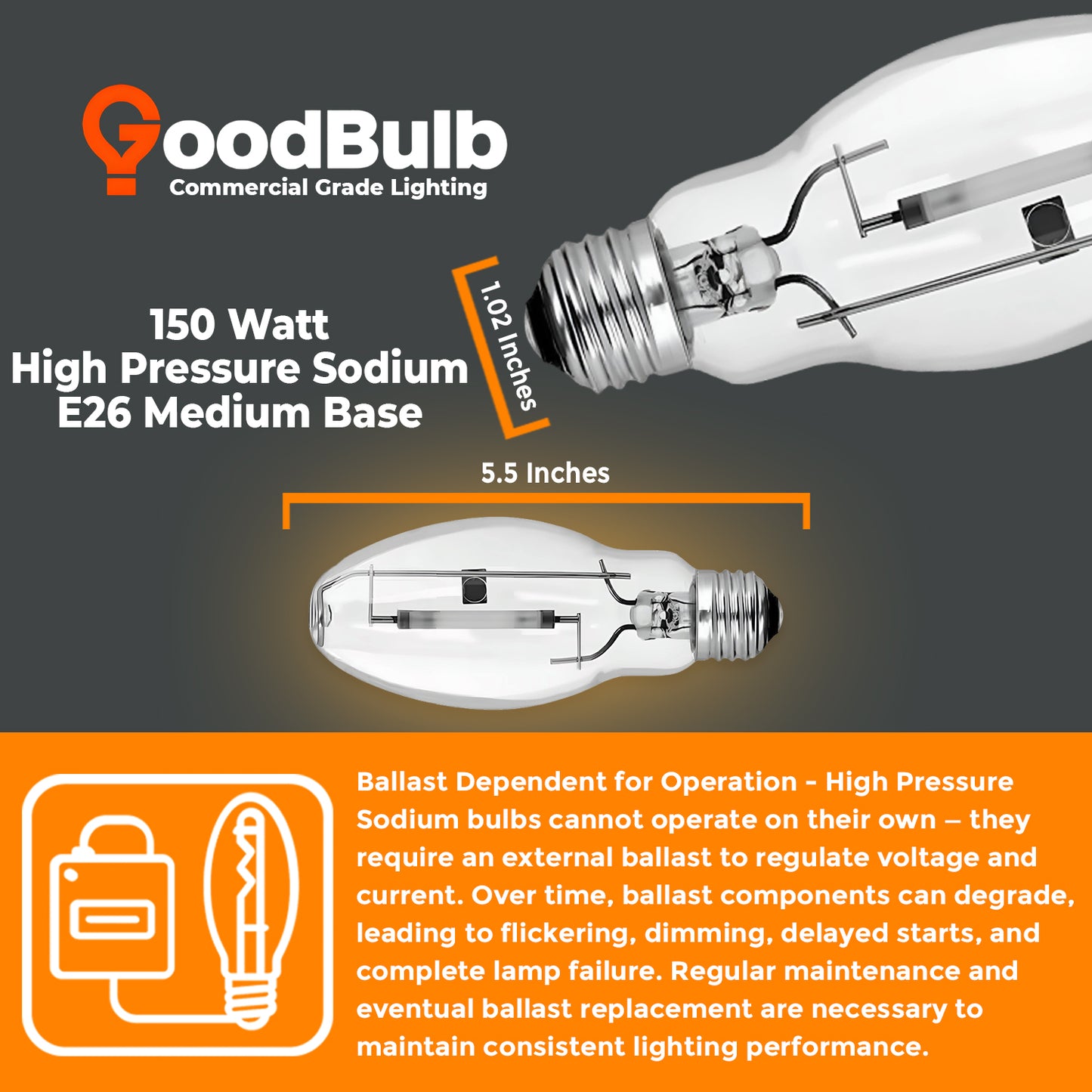 LU150/ED17/CL/E26 High Pressure Sodium bulb dimensions chart with length and width measurements