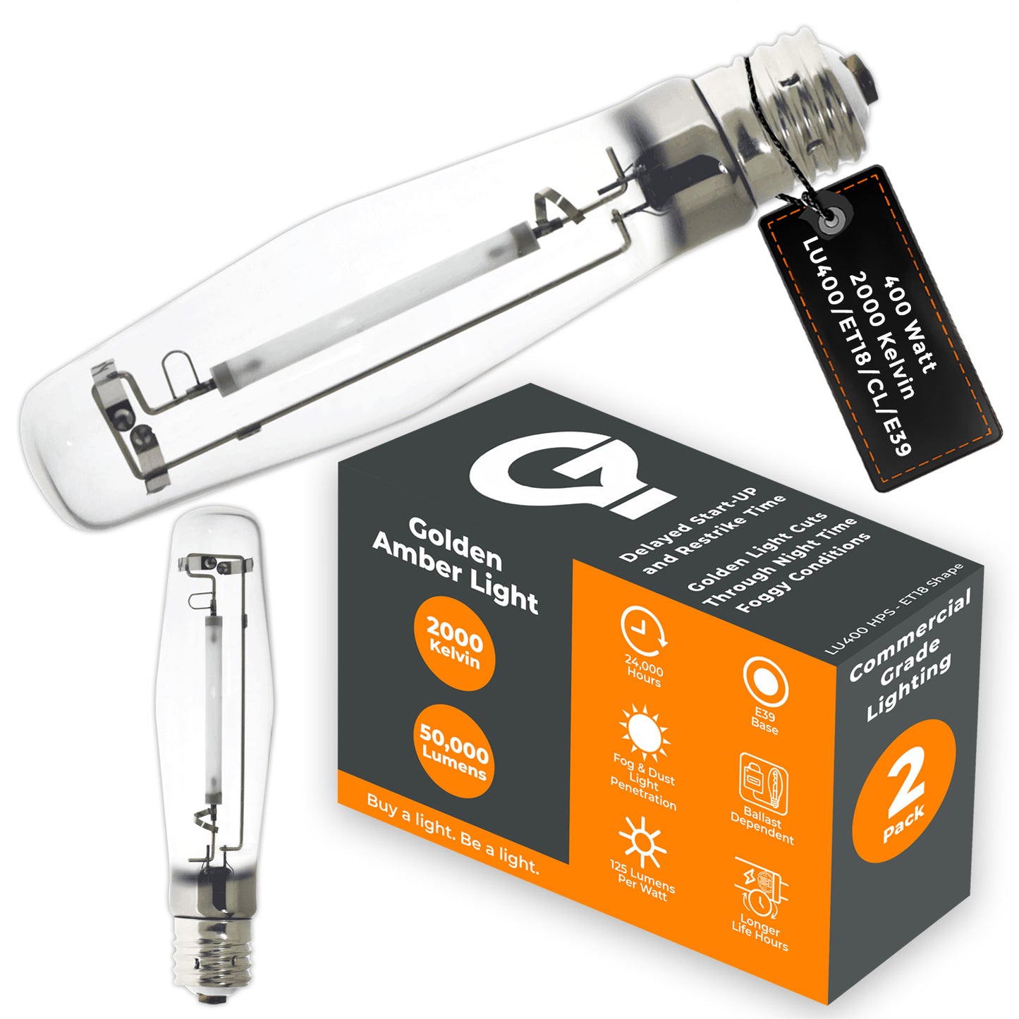 400-Watt LU400/ET18/CL/E39 High Pressure Sodium Lamp – Side Profile with E39 Mogul Screw Base