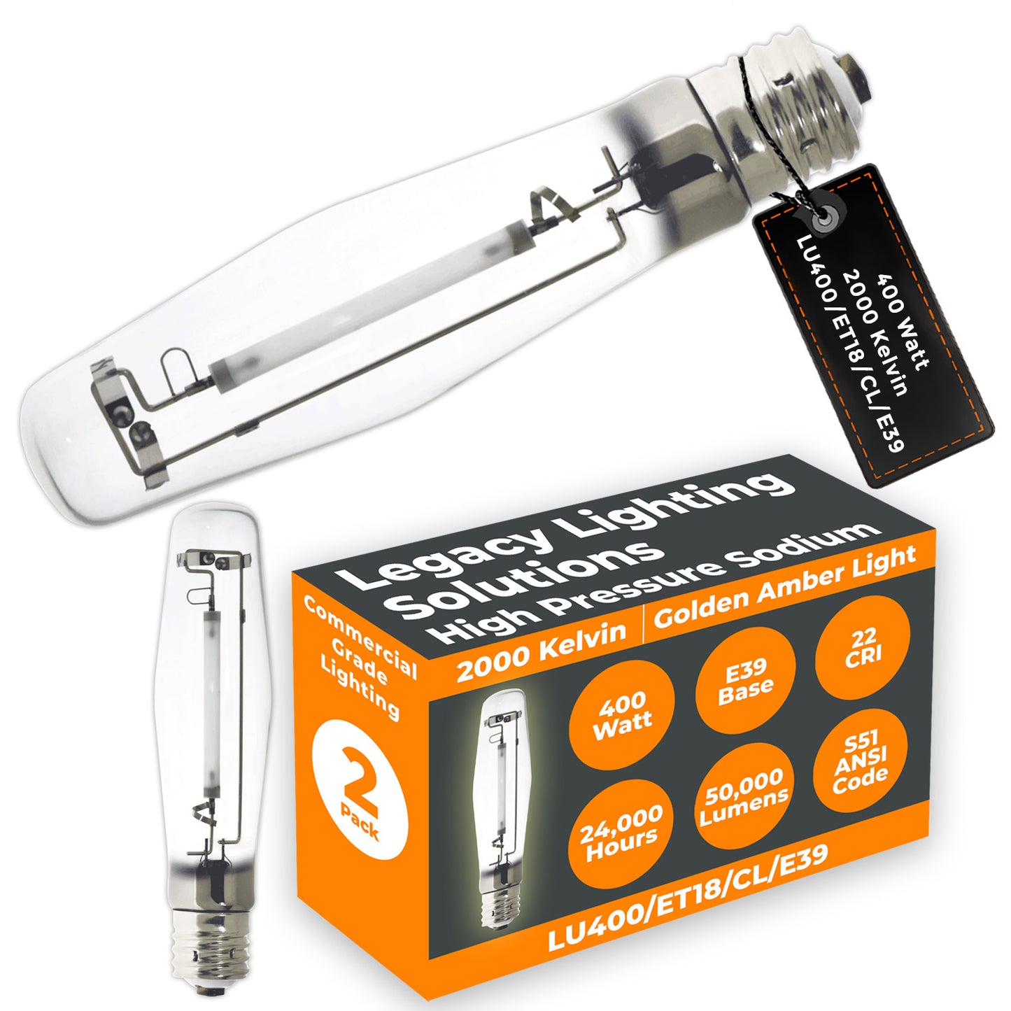 400-Watt LU400/ET18/CL/E39 High Pressure Sodium Lamp – Side Profile with E39 Mogul Screw Base