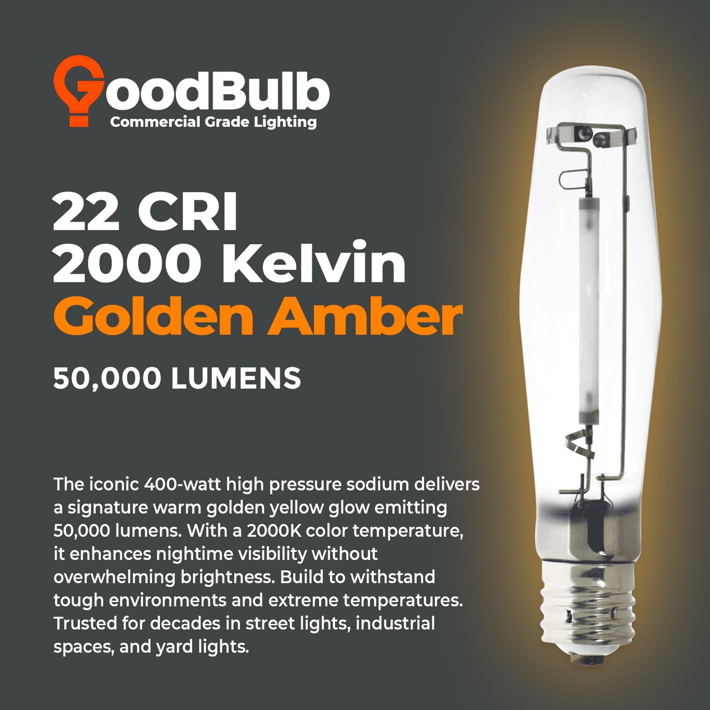 2000K warm yellow light output from LU400/ET18/CL/E39 High Pressure Sodium HID Bulb – Ideal for Street, Security, and Industrial Lighting