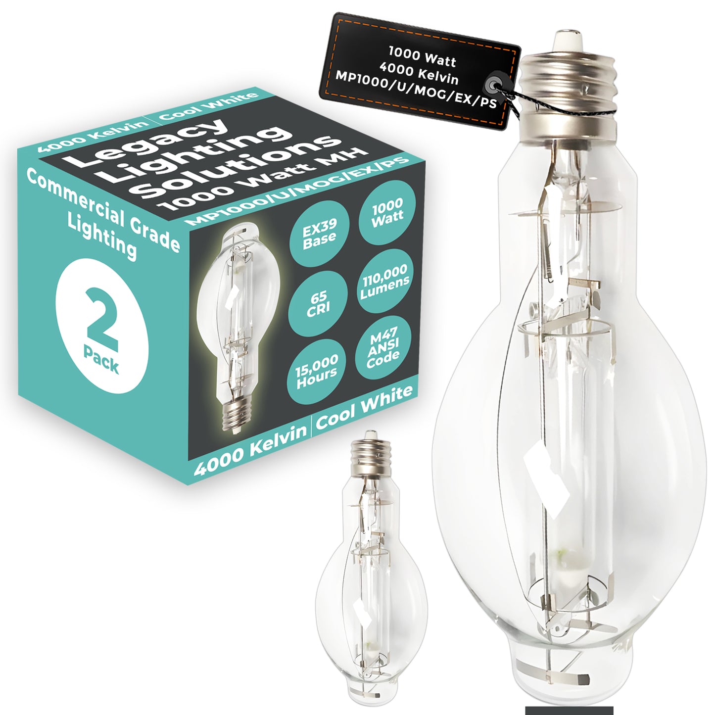 1000 Watt Metal Halide HID Light Bulb - EX39 Extended-Mogul Base - Clear - 4000K Cool Whitet - 110,000 Lumens - 12,000 Hours